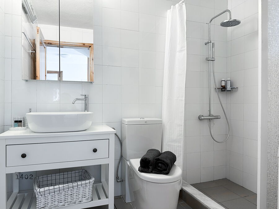 Bathroom with washstand and shower